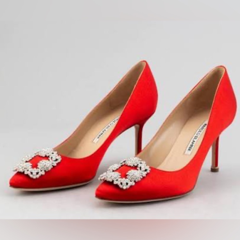 Red Satin Embellished Pointed-Toe Pumps - Women Shoes